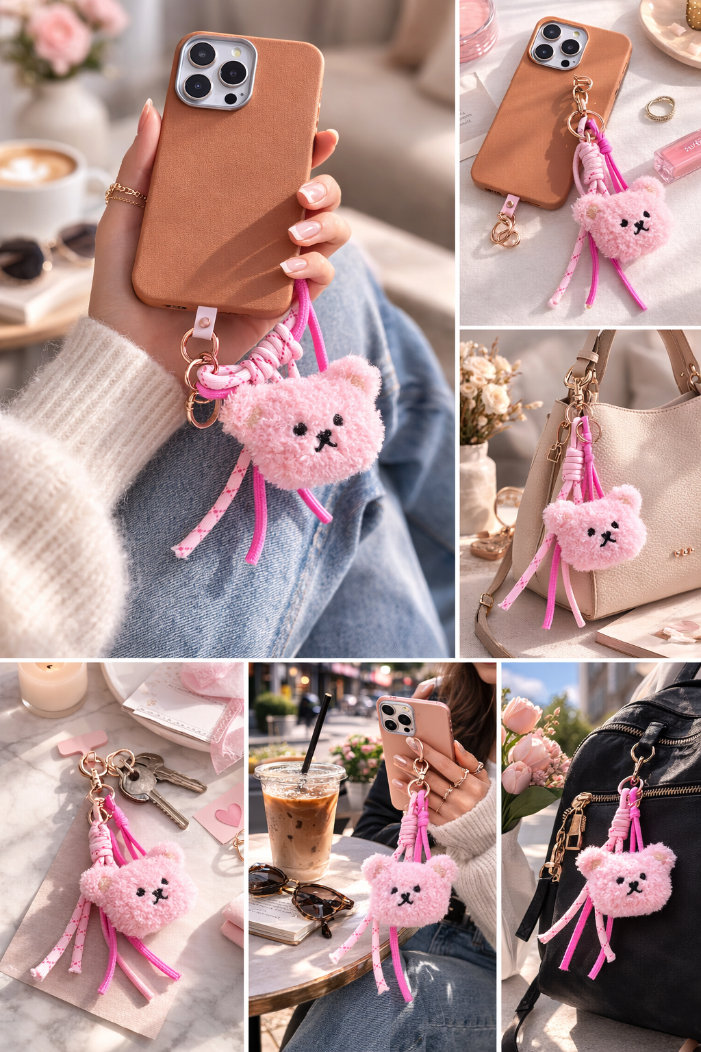 Cute Plush Bear Phone Charm – Aesthetic Keychain for Bags, Phones & Accessories