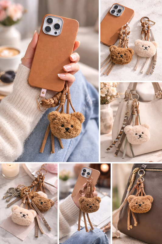 Cute Plush Bear Phone Charm – Aesthetic Keychain for Bags, Phones & Accessories