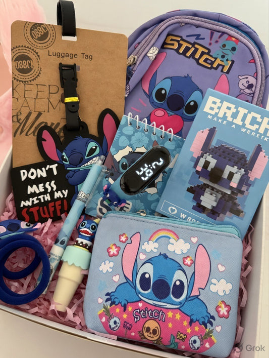 Stitch kawaii gift box items including coin purse luggage tag notebook and pen, cute Disney gift Australia