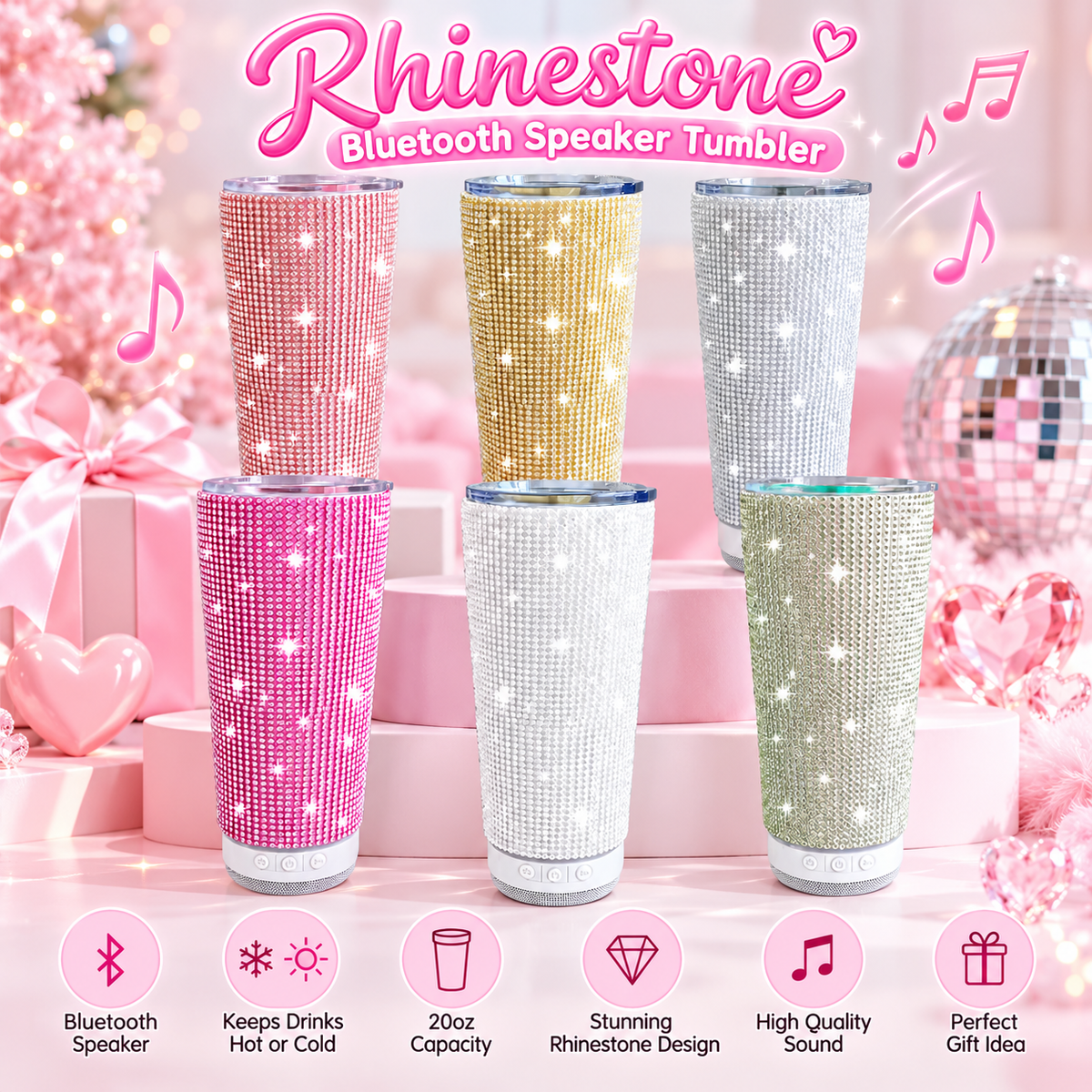 Rhinestone Bluetooth Speaker Tumbler – 20oz Stainless Steel Bling Cup