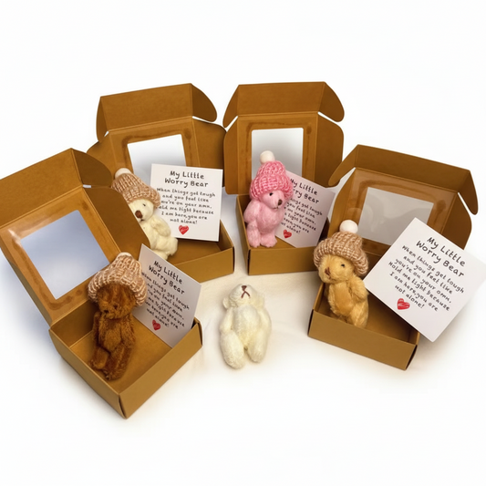 My Little Worry Bear pocket plush in kraft gift box with message card, anxiety comfort gift Australia, pink white cream brown